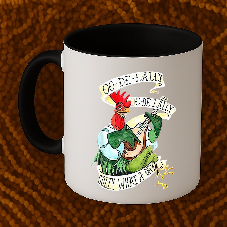 OO DE LALLY GOLLY What A Day Rooster Playing Guitar Mug