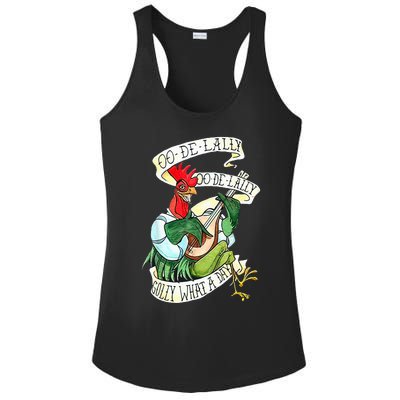 OO DE LALLY GOLLY What A Day Rooster Playing Guitar Ladies PosiCharge Competitor Racerback Tank