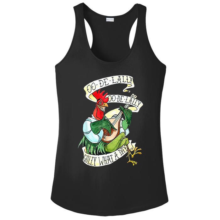 OO DE LALLY GOLLY What A Day Rooster Playing Guitar Ladies PosiCharge Competitor Racerback Tank