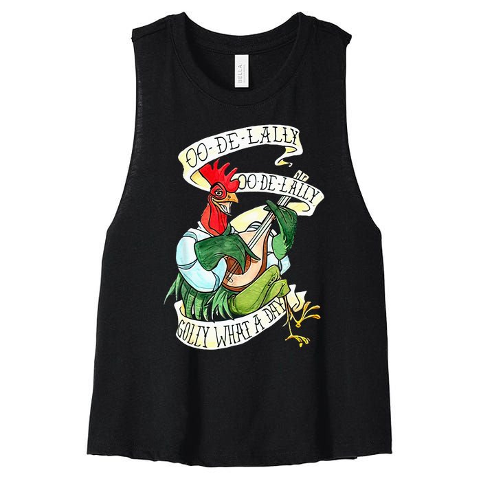 OO DE LALLY GOLLY What A Day Rooster Playing Guitar Women's Racerback Cropped Tank