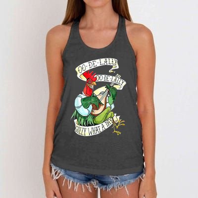 OO DE LALLY GOLLY What A Day Rooster Playing Guitar Women's Knotted Racerback Tank