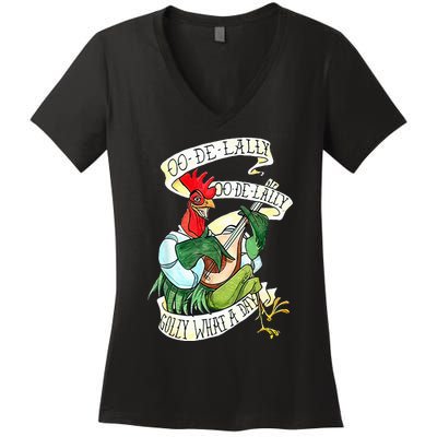 OO DE LALLY GOLLY What A Day Rooster Playing Guitar Women's V-Neck T-Shirt