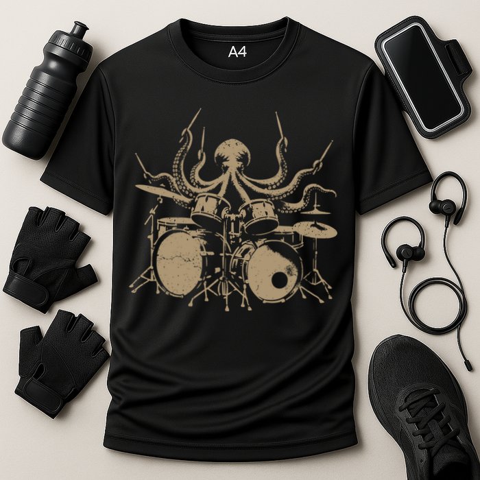 Octopus Drummer Rock N Roll Band Cooling Performance Crew T-Shirt