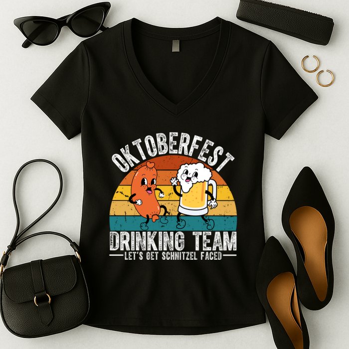 Oktoberfest Drinking Team Lets Get Schnitzel Faced Funny Women's V-Neck T-Shirt