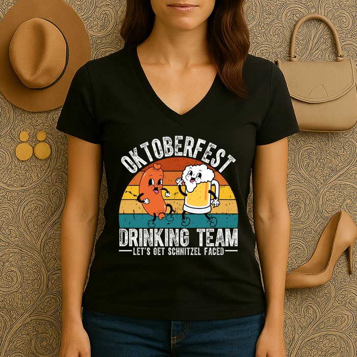 Oktoberfest Drinking Team Lets Get Schnitzel Faced Funny Women's V-Neck T-Shirt