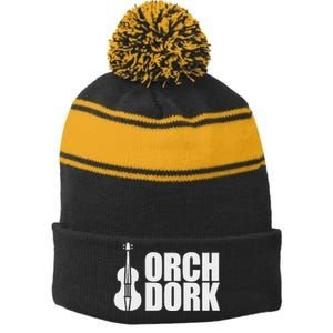 Orch Dork With Violin Cello String Instrument Stripe Pom Pom Beanie