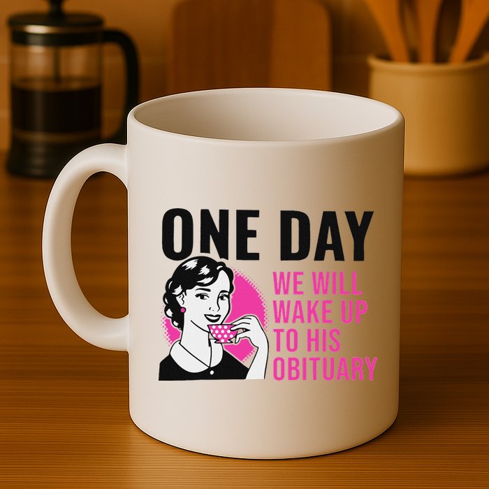 One Day We Will Wake Up To His Obituary Funny Saying Quote Mug