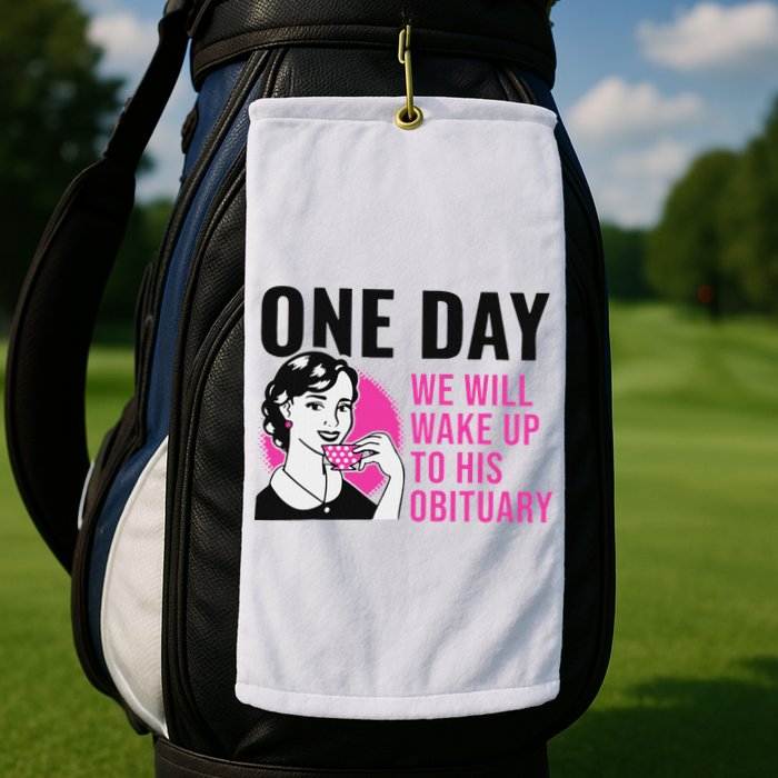 One Day We Will Wake Up To His Obituary Funny Saying Quote Golf Towel