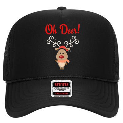 Oh Deer! Whimsical Playful Reindeer Funny Christmas Deer Pun High Crown Mesh Back Trucker Hat