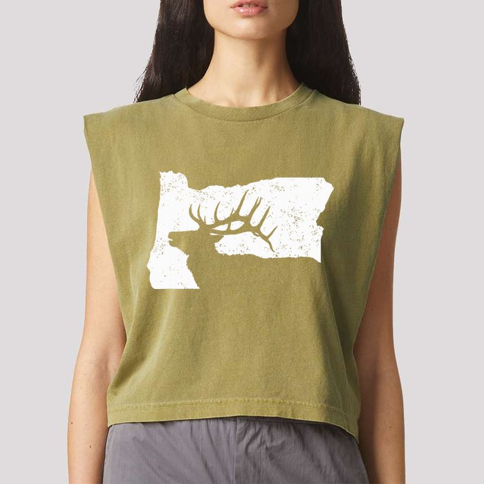 Oregon Elk Hunting Bull Elk State Shape Garment-Dyed Women's Muscle Tee