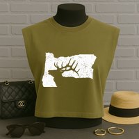 Oregon Elk Hunting Bull Elk State Shape Garment-Dyed Women's Muscle Tee