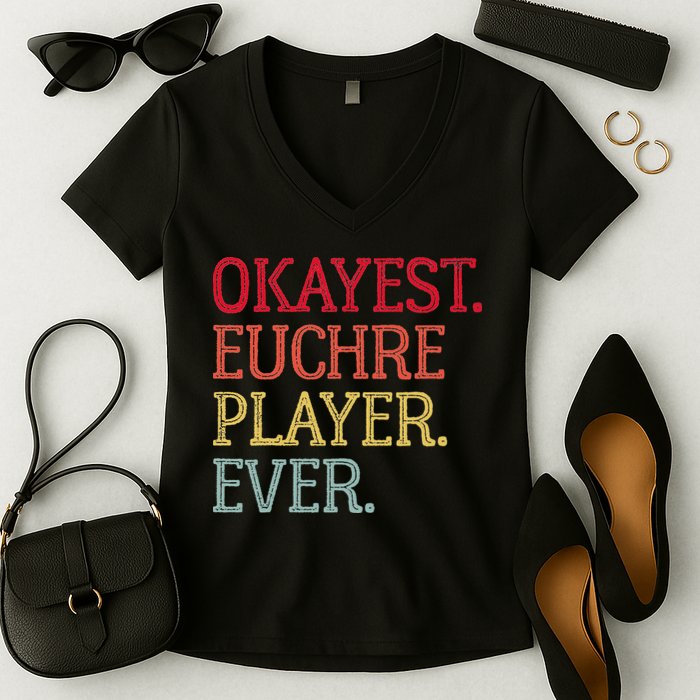 Okayest Euchre Player Ever Funny Euchre Card Game Women's V-Neck T-Shirt