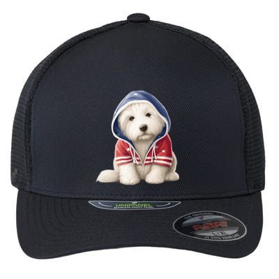 Old English Sheepdog Puppy USA Flag American Dogs 4th Of July Flexfit Unipanel Trucker Cap