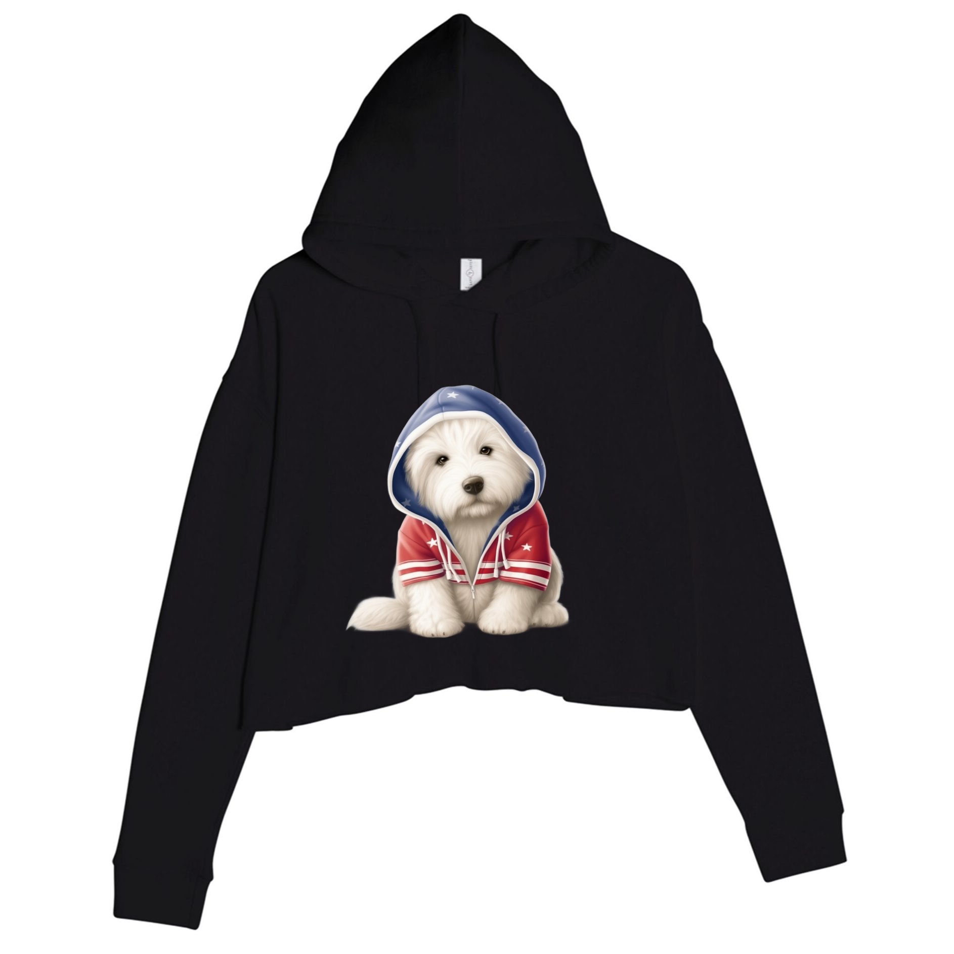 Old English Sheepdog Puppy USA Flag American Dogs 4th Of July Crop Fleece Hoodie