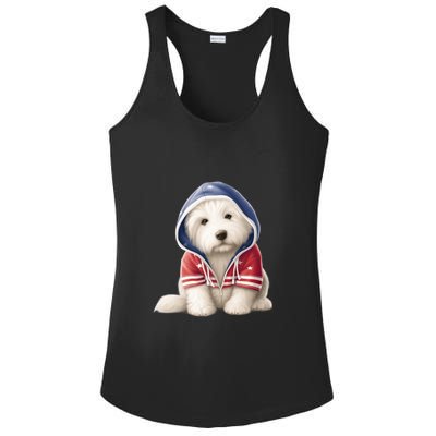 Old English Sheepdog Puppy USA Flag American Dogs 4th Of July Ladies PosiCharge Competitor Racerback Tank