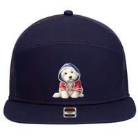 Old English Sheepdog Puppy USA Flag American Dogs 4th Of July 7 Panel Mesh Trucker Snapback Hat