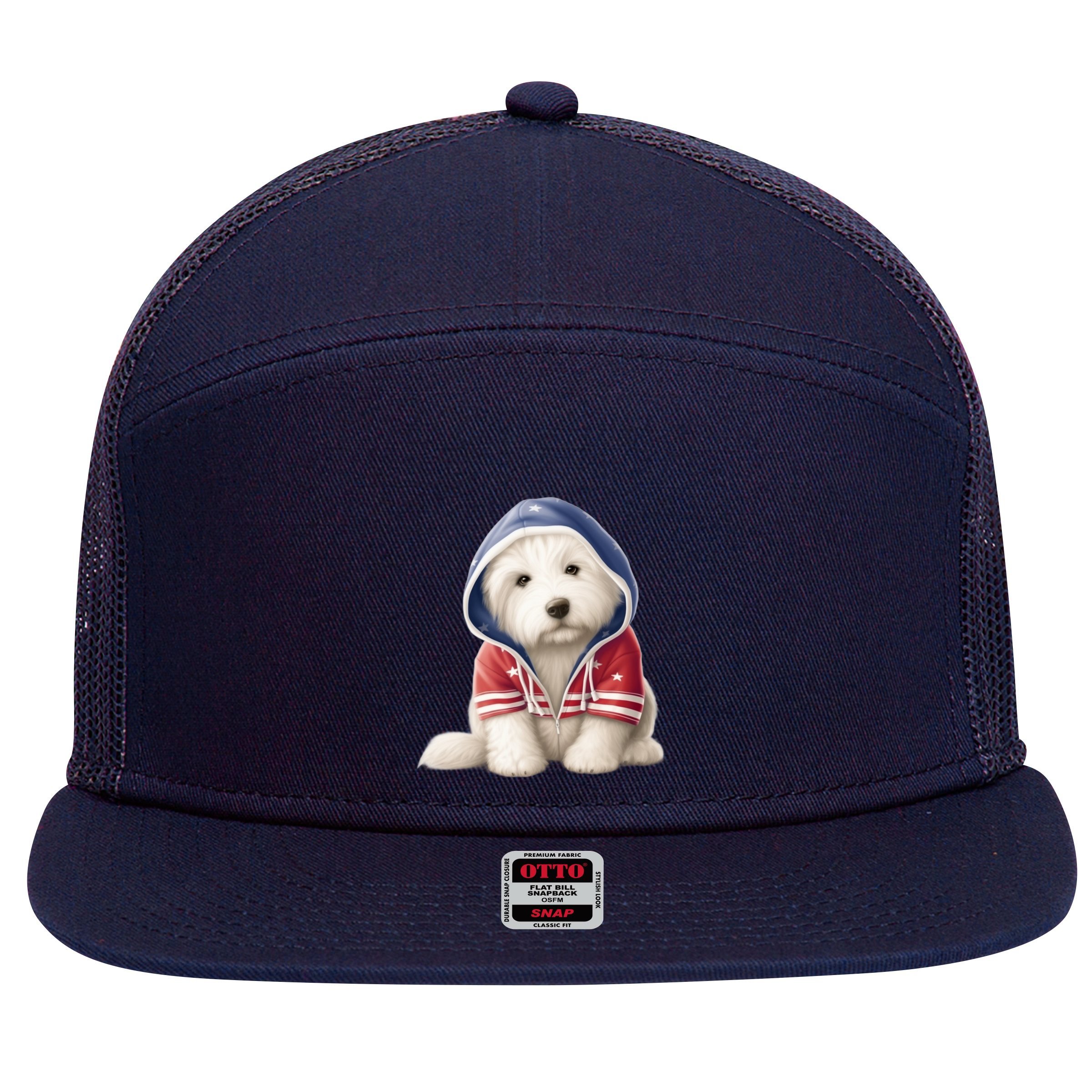 Old English Sheepdog Puppy USA Flag American Dogs 4th Of July 7 Panel Mesh Trucker Snapback Hat