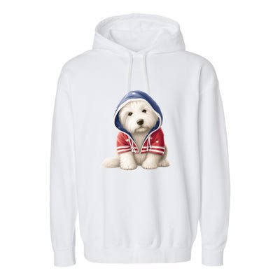 Old English Sheepdog Puppy USA Flag American Dogs 4th Of July Garment-Dyed Fleece Hoodie