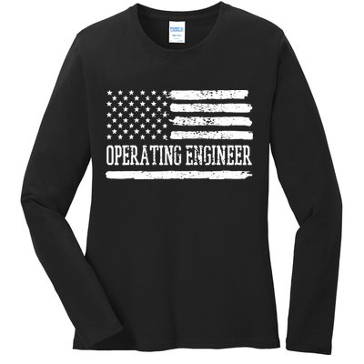 Operating Engineer USA Flag Ladies Long Sleeve Shirt