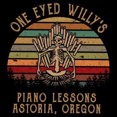 One Eyed Willy's Piano Lessons Astoria Oregon Skeleton Vintage T-Shirt