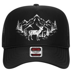 Outdoor Forest Animal Wildlife Mountains Nature Trees Deer High Crown Mesh Back Trucker Hat