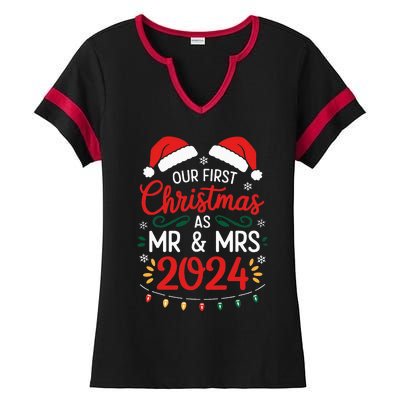 Our First Christmas As Mr And Mrs Newlyweds Couples Pajamas Ladies Halftime Notch Neck Tee