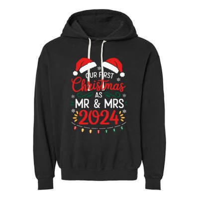 Our First Christmas As Mr And Mrs Newlyweds Couples Pajamas Garment-Dyed Fleece Hoodie