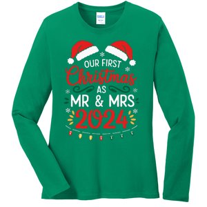 Our First Christmas As Mr And Mrs Newlyweds Couples Pajamas Ladies Long Sleeve Shirt