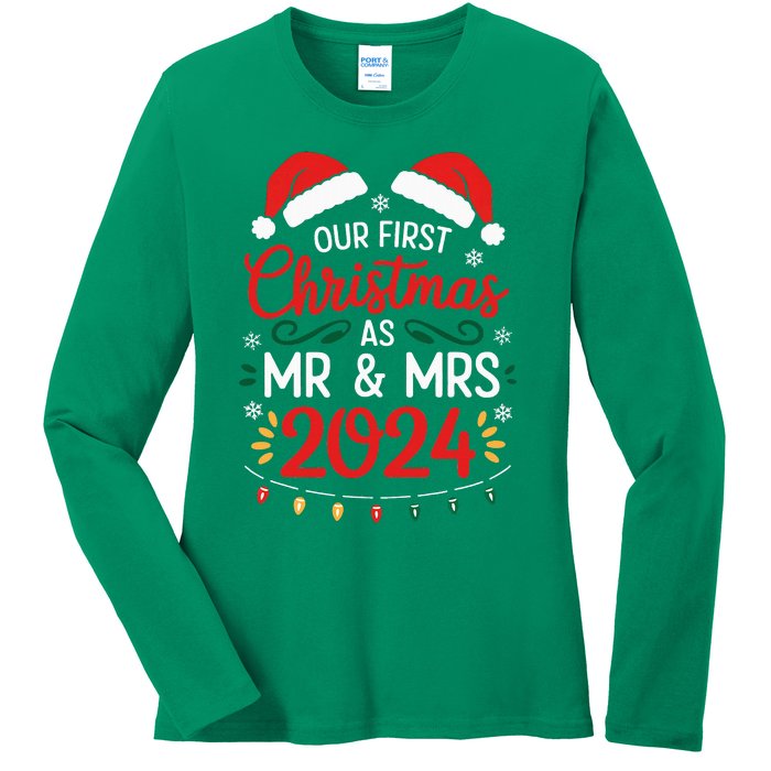 Our First Christmas As Mr And Mrs Newlyweds Couples Pajamas Ladies Long Sleeve Shirt