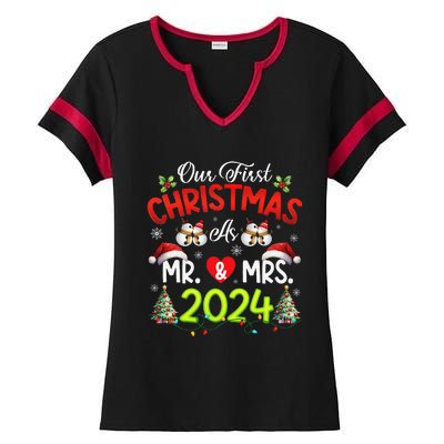 Our First Christmas As Mr & Mrs 2024 Couples Engaged Pajamas Ladies Halftime Notch Neck Tee