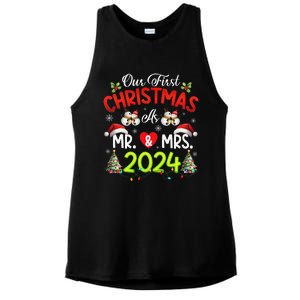 Our First Christmas As Mr & Mrs 2024 Couples Engaged Pajamas Ladies PosiCharge Tri-Blend Wicking Tank