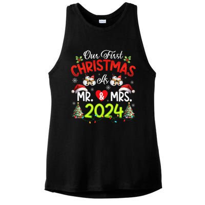 Our First Christmas As Mr & Mrs 2024 Couples Engaged Pajamas Ladies PosiCharge Tri-Blend Wicking Tank