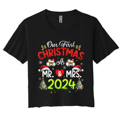 Our First Christmas As Mr & Mrs 2024 Couples Engaged Pajamas Women's Crop Top Tee