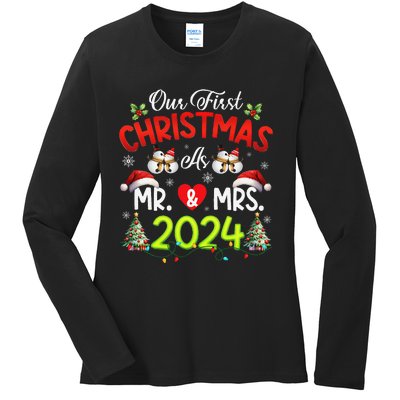 Our First Christmas As Mr & Mrs 2024 Couples Engaged Pajamas Ladies Long Sleeve Shirt