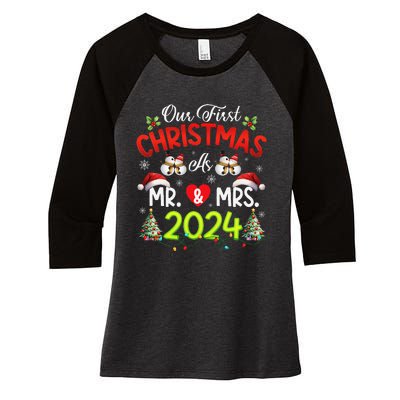 Our First Christmas As Mr & Mrs 2024 Couples Engaged Pajamas Women's Tri-Blend 3/4-Sleeve Raglan Shirt