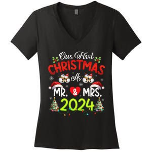 Our First Christmas As Mr & Mrs 2024 Couples Engaged Pajamas Women's V-Neck T-Shirt