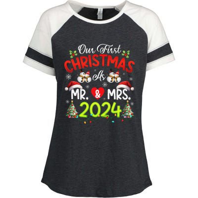 Our First Christmas As Mr & Mrs 2024 Couples Engaged Pajamas Enza Ladies Jersey Colorblock Tee