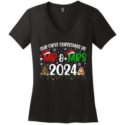 Our First Christmas As Mr & Mrs 2024 Cute Couples Matching Long Sleeve Women's V-Neck T-Shirt