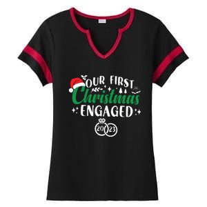 Our First Christmas Engaged Christmas Couple Matching Ladies Halftime Notch Neck Tee