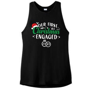 Our First Christmas Engaged Christmas Couple Matching Ladies PosiCharge Tri-Blend Wicking Tank