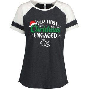 Our First Christmas Engaged Christmas Couple Matching Enza Ladies Jersey Colorblock Tee