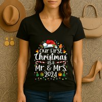 Our First Christmas As Mr And Mrs 2024 Matching Couples Women's V-Neck T-Shirt