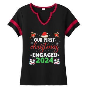 Our First Christmas Engaged 2024 Funny Couple Xmas Pajamas Ladies Halftime Notch Neck Tee