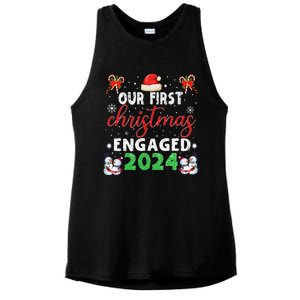 Our First Christmas Engaged 2024 Funny Couple Xmas Pajamas Ladies PosiCharge Tri-Blend Wicking Tank