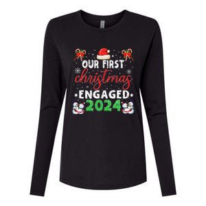 Our First Christmas Engaged 2024 Funny Couple Xmas Pajamas Womens Cotton Relaxed Long Sleeve T-Shirt