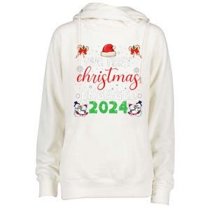 Our First Christmas Engaged 2024 Funny Couple Xmas Pajamas Womens Funnel Neck Pullover Hood