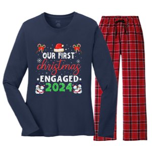 Our First Christmas Engaged 2024 Funny Couple Xmas Pajamas Women's Long Sleeve Flannel Pajama Set 