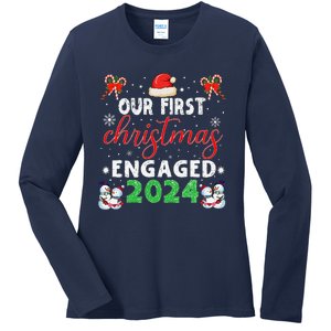 Our First Christmas Engaged 2024 Funny Couple Xmas Pajamas Ladies Long Sleeve Shirt