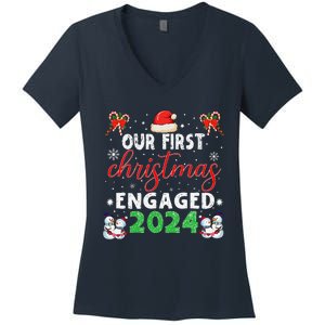 Our First Christmas Engaged 2024 Funny Couple Xmas Pajamas Women's V-Neck T-Shirt