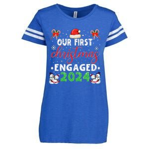 Our First Christmas Engaged 2024 Funny Couple Xmas Pajamas Enza Ladies Jersey Football T-Shirt